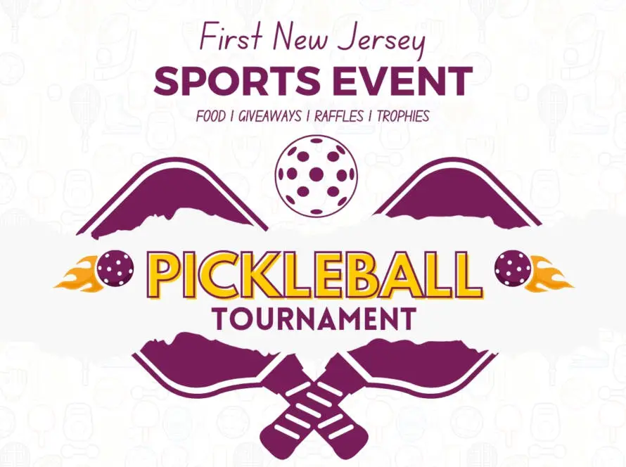 First New Jersey sports event featuring a pickleball tournament with food, giveaways, raffles, and trophies highlighted in bold text.